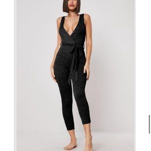 black soft knit tie waist loungewear jumpsuit